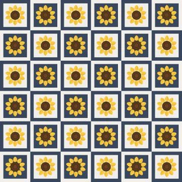Abstract Floral Pattern Background With Colorful Squares And Sunflowers Stock Illustration