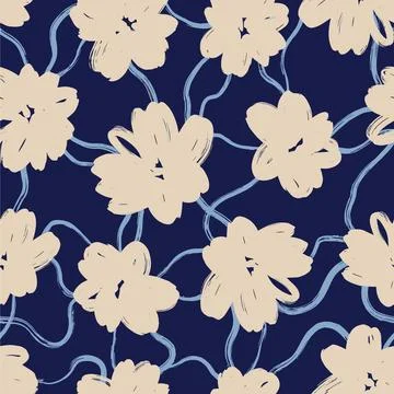 Abstract Floral Pattern with Beige Flowers and Blue Swirls on Dark Blue Bac.. Illustrazione stock