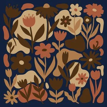 Abstract Floral Pattern with Earthy Tones on Dark Blue Background. Stock Illustration