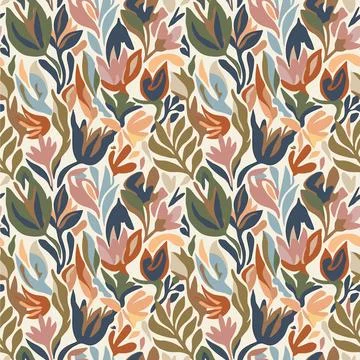 Abstract Floral Pattern with Earthy Tones and Stylized Botanical Elements. Stock Illustration