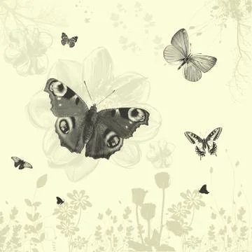 Abstract floral pattern with flowers and butterflies Illustrazione stock