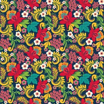 Abstract Floral seamless onate pattern in style Hohloma traditional ornaments Stock Illustration