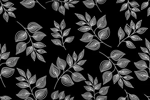 Abstract floral seamless pattern background, white on black Stock Illustration