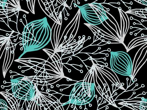 Abstract floral seamless pattern background, white and mint branch on black Stock Illustration