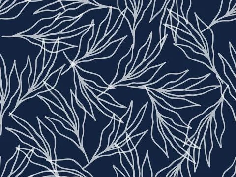 Abstract floral seamless pattern background, white on black blue background Stock Illustration