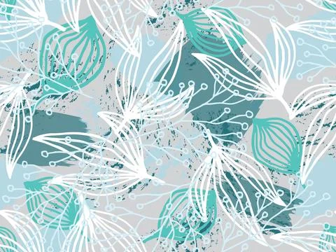 Abstract floral seamless pattern background, white and mint branch on grey Stock Illustration