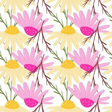 Abstract floral seamless pattern with botanic pink and yellow calendula eleme Stock Illustration