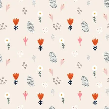 Abstract floral seamless pattern. Hand drawn daisy, crocus and tulip flowers 스톡 일러스트