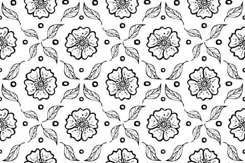 Abstract floral seamless pattern. Hand drawn ink brush oriental outline Stock Illustration