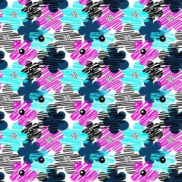 Abstract floral seamless pattern. Hand drawn flowers background in retro bla Stock Illustration