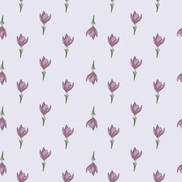 Abstract floral seamless pattern with little purple doodle crocus flower elem Stock Illustration