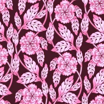 Abstract floral seamless pattern. Vector flower 3d blossoms, branches and leaves Stock Illustration