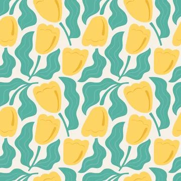 Abstract floral seamless pattern with yellow wavy tulips. Spring time trendy Stock Illustration