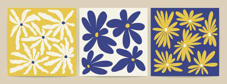 Abstract floral square patterns. Hand drawn botanical cards, flower prints naive Stock Illustration