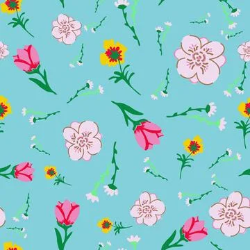 Abstract florals vector repeat pattern on blue background Stock Illustration