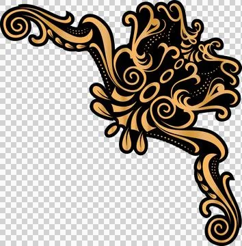 Abstract flourish is decorating corner with gold-and-black scrolls, spirals, Stock Illustration