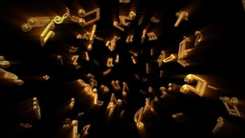 Abstract flow of golden musical notes flying into the camera 3d illustration Illustrazione stock