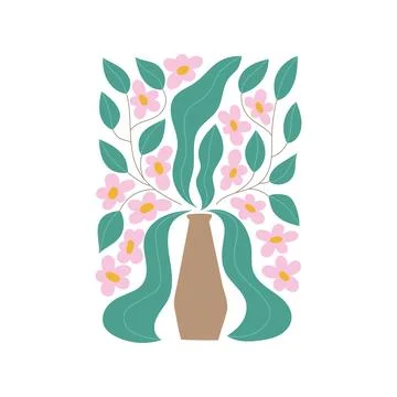 Abstract flower composition in vase. Trendy cute tiny pink flowers poster, wall Stock Illustration