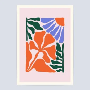 Abstract flower leaf poster. Minimal floral naive art print Matisse inspired Stock Illustration