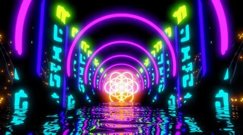 Abstract Flower of Life Sci-fi River Neon Lights Motion Abstract Stock Illustration