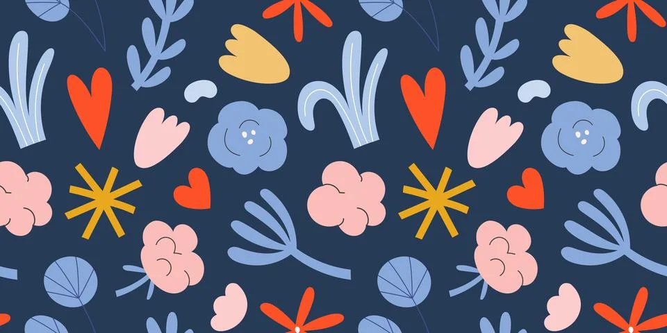 Abstract flower pattern with shapes, leaves, cotton plant elements on blue Stock Illustration