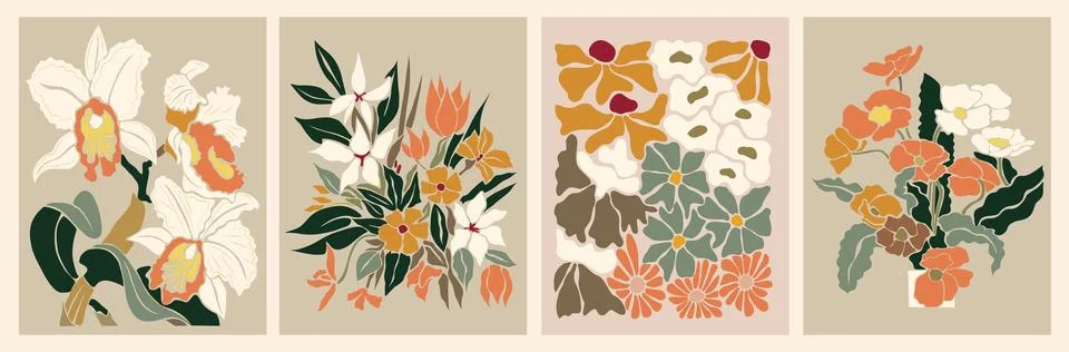 Abstract flower posters vector modern art set. Stock Illustration