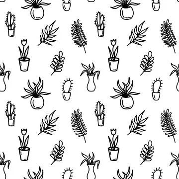 Abstract flower seamless pattern with leaves and dots. Doodle cute black and Stock Illustration