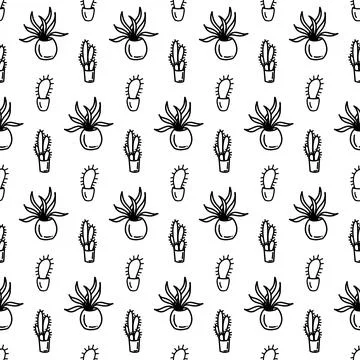Abstract flower seamless pattern with leaves and dots. Doodle cute black and Stock Illustration