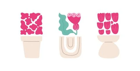 Abstract flowers composition in vases. Bright pink tulips, bell, hydrangea for Stock Illustration