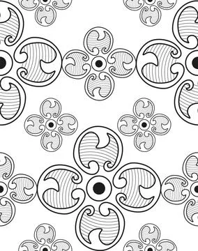 Abstract flowers made of thin black lines. Vector seamless pattern for postca Stock Illustration