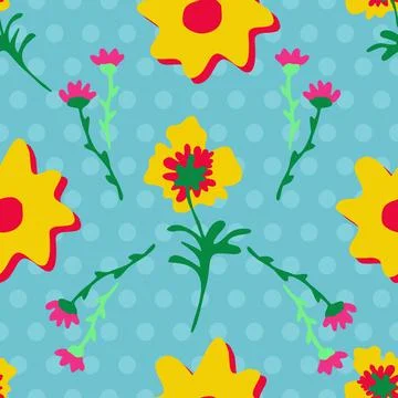Abstract flowers repeat pattern on blue polka dots background Stock Illustration