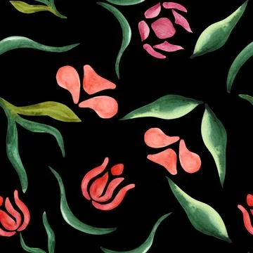 Abstract flowers. Seamless pattern of abstract watercolor flowers on a dark Stock Illustration