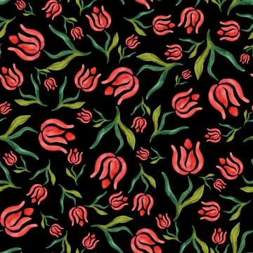 Abstract flowers. Seamless pattern of abstract watercolor flowers on a dark Stock Illustration