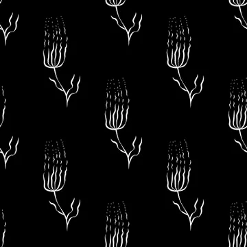 Abstract flowers with thin petals. Seamless pattern. White on black backgroun Stock Illustration