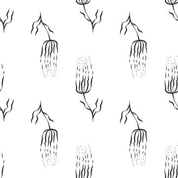 Abstract flowers with thin petals. Seamless pattern. Black on white backgroun Illustrazione stock
