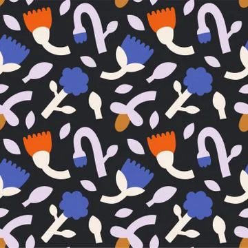 Abstract flowers, vector doodle tulips and wild flowers in dark colors. Vector Stock Illustration