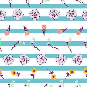 Abstract flowers vector repeat pattern on blue stripes 스톡 일러스트