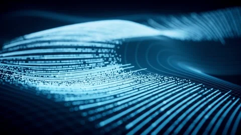 Abstract flowing blue digital lines and particles form futuristic waves and.. Stock Footage 332150500
