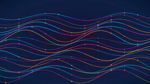 Abstract flowing data lines with colorful dots on a dark blue background re.. Stockillustratie