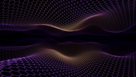 Abstract flowing hexagonal grid with glowing purple and golden lines Stock Footage 325213179