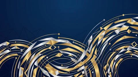 Abstract flowing lines and geometric shapes in gold and silver on blue back.. Stock Illustration