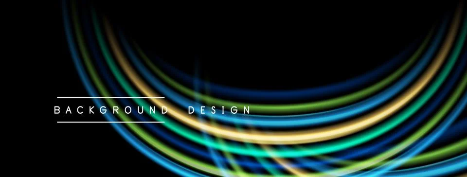 Abstract flowing lines create dynamic background. Bright colors contrast dark Stock Illustration