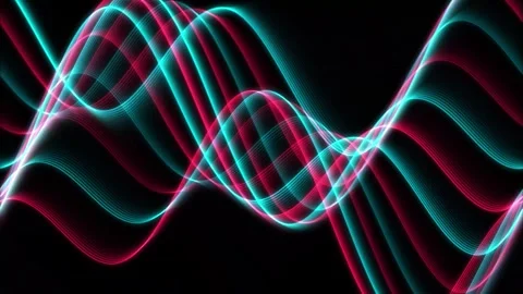 Abstract flowing neon wave patterns in red and cyan colors against a dark Stock Footage 348127850