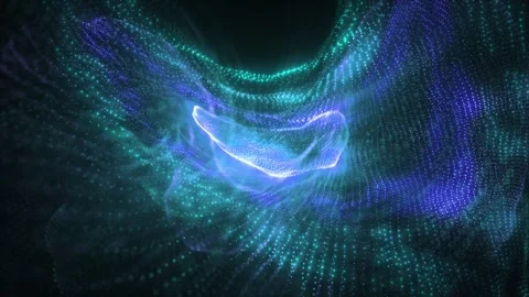 Abstract flowing particle waves in blue and teal tones, forming a glowing vor Stock Footage 328707573
