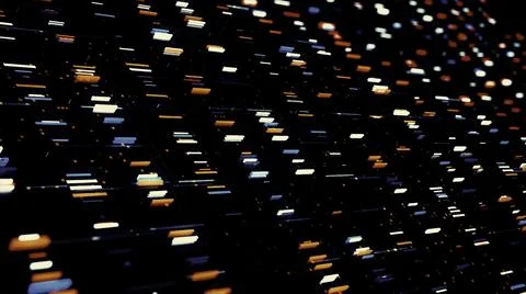 Abstract flowing rectangular particles of red, blue, and white color on black Stock Illustration