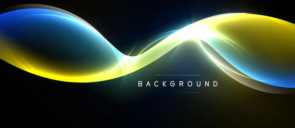 Abstract flowing shapes, blue, yellow, white light against dark background. Stockillustratie
