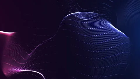 Abstract flowing wave of glowing dots and lines in blue and purple colors, fo Stockbeeldmateriaal 331032221