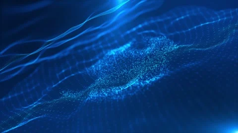 Abstract flowing wave line, particle dot pattern, neon light on dark blue gradie Stock Footage 341894077