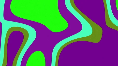 Abstract flowing waves of purple teal and olive green on a vibrant green Stock Footage 339701806
