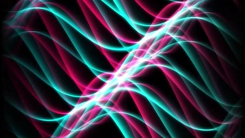 Abstract flowing wavy light trails of cyan and magenta colors on a dark Stock Footage 347671785
